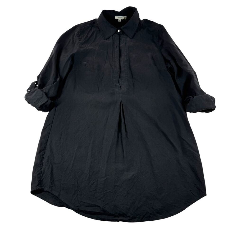 Tyler Boe Button Up Tunic Dress XS Black Silk Popover Roll Tab Long Sleeves
